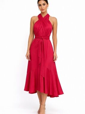 NWT Taylor Women’s magenta Halter Midi Dress with Waist Tie
